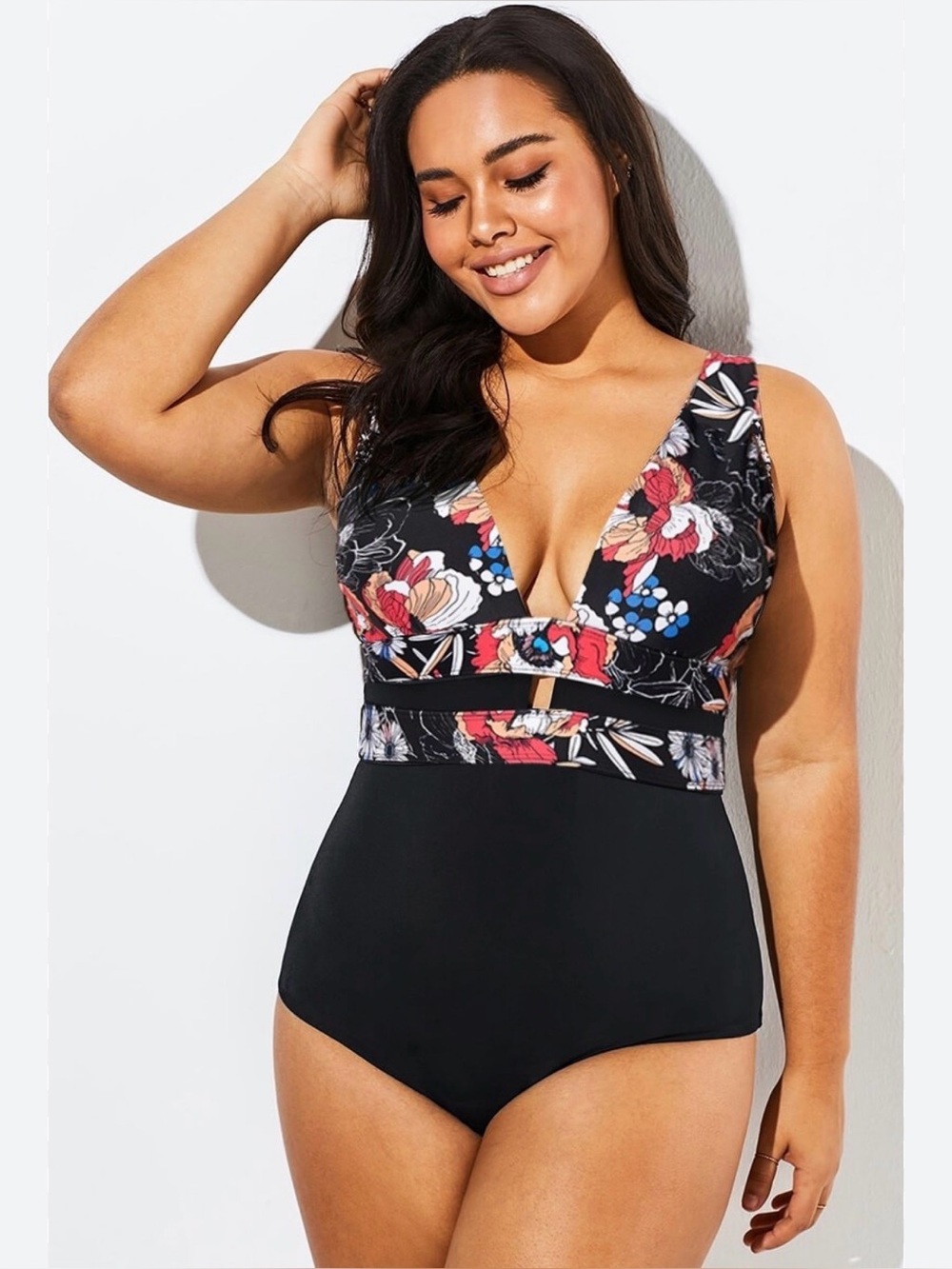 Meet.Curve Floral Cut Out One Piece plunging V-neck Swimsuit Night Garden L NWT